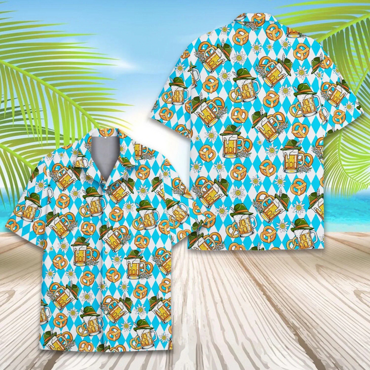 Thomas Oktoberfest Hawaiihemd | Bayern Hawaii-Shirt mit Bier und Brezel-Print für Herren
