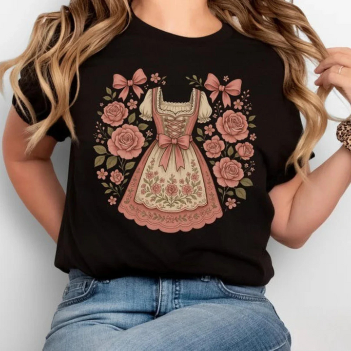 Anna Oktoberfest T-Shirt | Dirndl-Print T-Shirt mit Rosen-Design für Damen