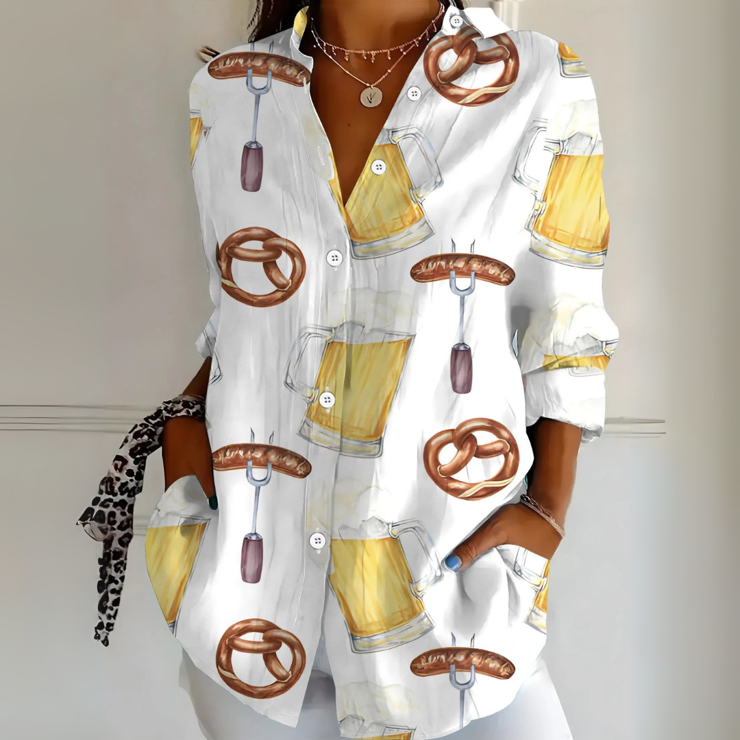 Ingrid Oktoberfest Bluse | Lässige Bierfest Hemdbluse mit Allover-Print für Damen