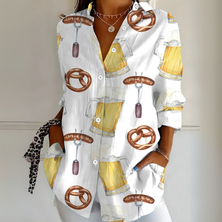 Ingrid Oktoberfest Bluse | Lässige Bierfest Hemdbluse mit Allover-Print für Damen