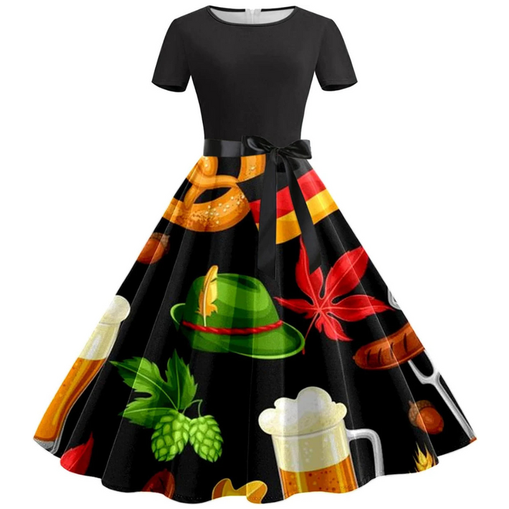 Margarete Oktoberfest Kleid | Retro Swing-Kleid mit Bierkrug-Print für Damen