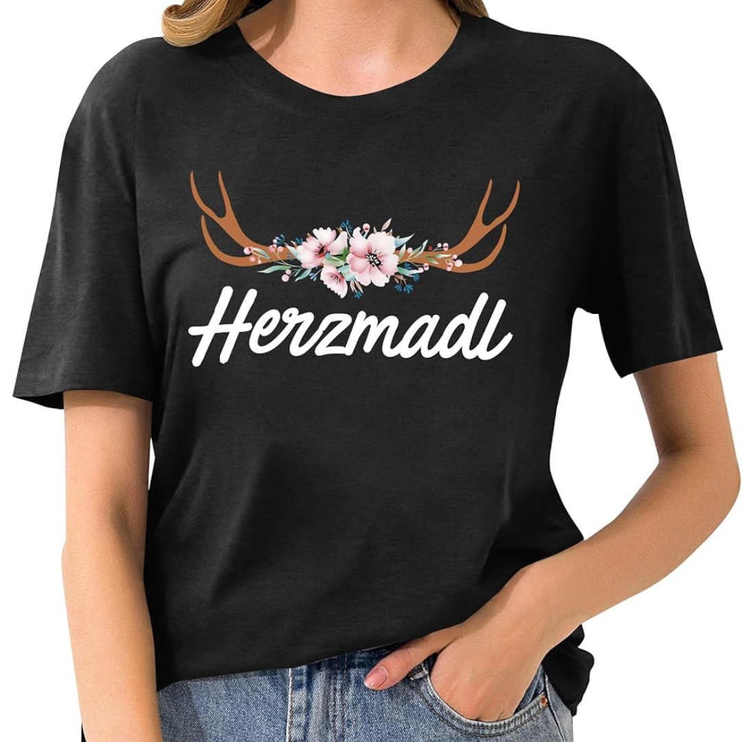 Katharina Oktoberfest T-Shirt | Romantisches Hirsch-Blumen T-Shirt aus Baumwollmischung für Damen