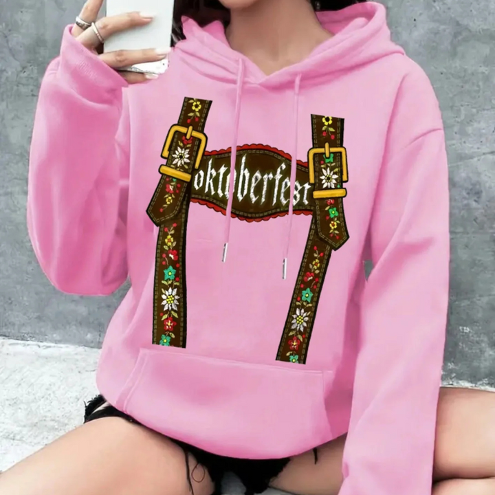 Marlene Oktoberfest Kapuzenpullover | Femininer Lederhosen-Print Pulli für Damen