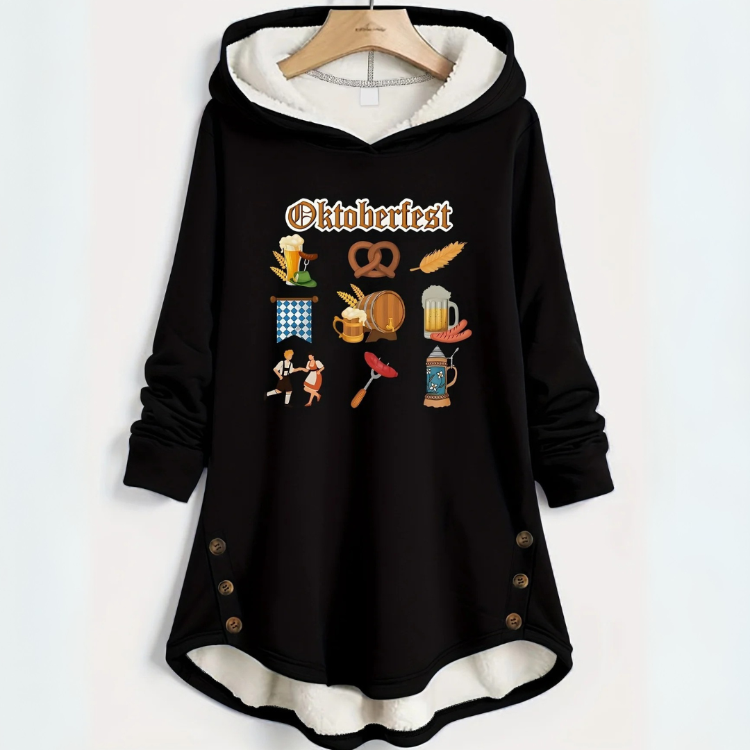 Brunhilde Oktoberfest Kapuzenpullover | Langer Bierfest Pulli mit Tradition-Motiv für Damen