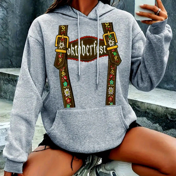 Marlene Oktoberfest Kapuzenpullover | Femininer Lederhosen-Print Pulli für Damen