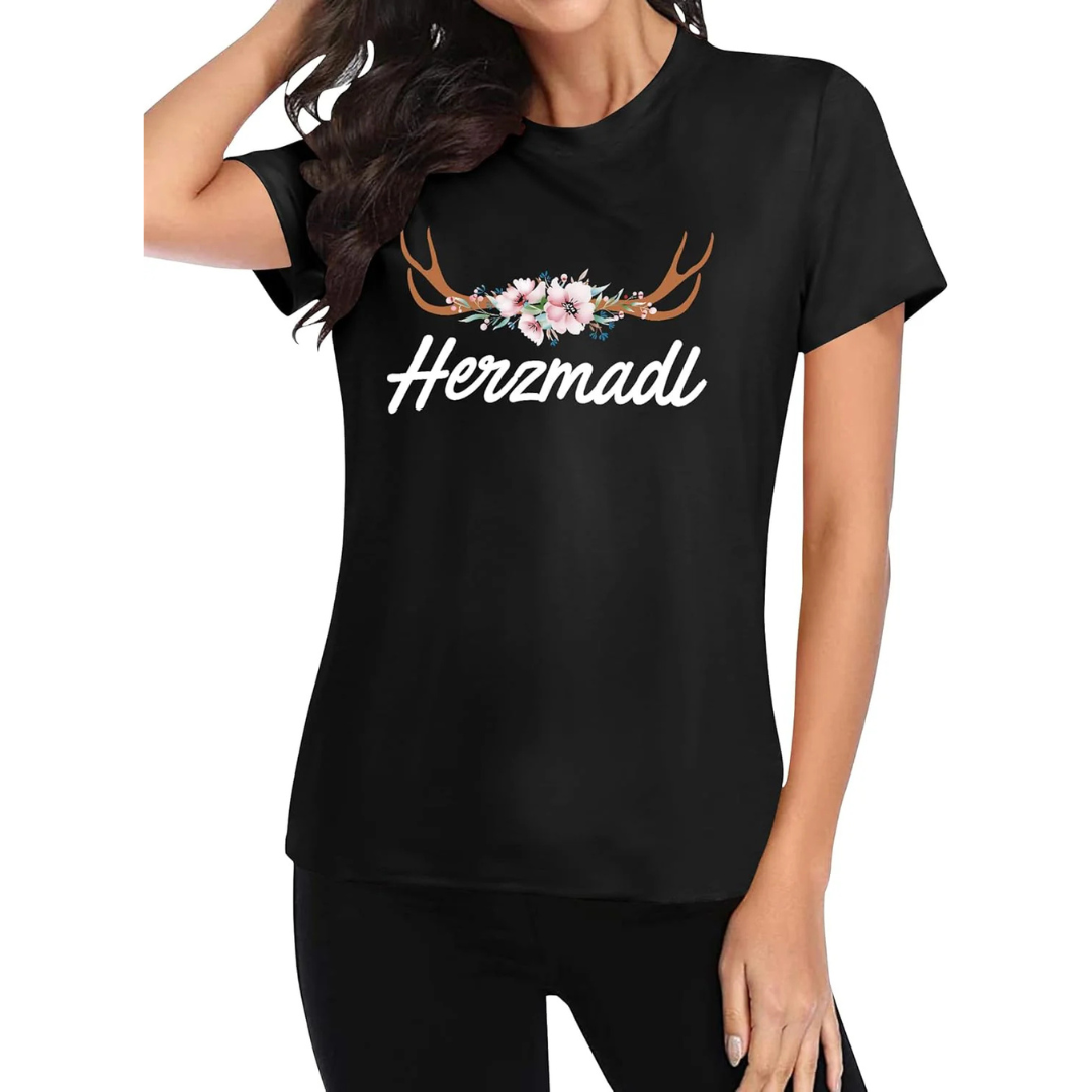 Katharina Oktoberfest T-Shirt | Romantisches Hirsch-Blumen T-Shirt aus Baumwollmischung für Damen