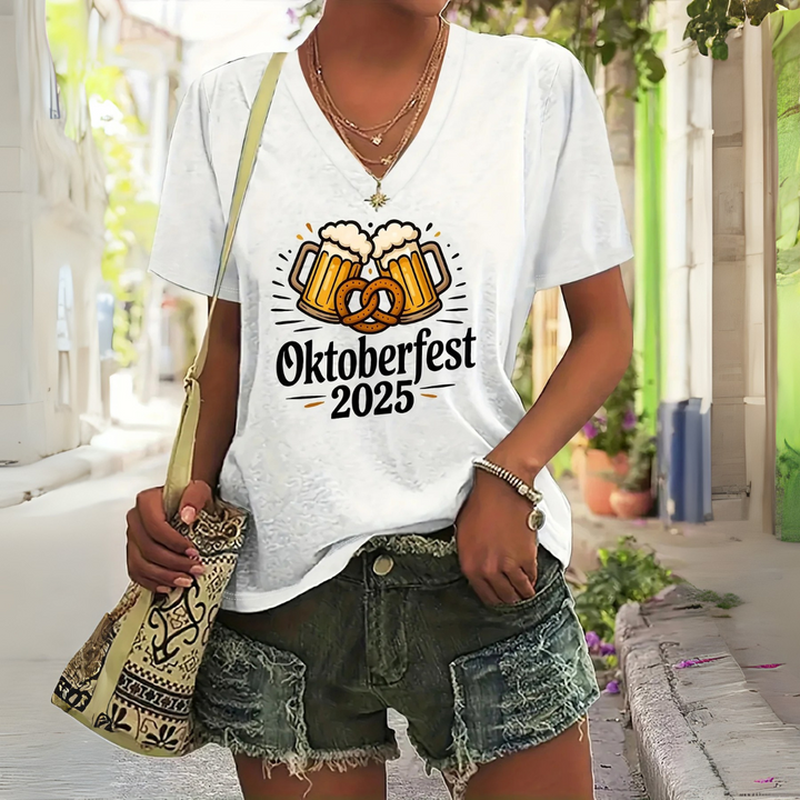 Marlene Oktoberfest T-Shirt | Lässiges Bierfest V-Neck Shirt mit Brezel-Motiv für Damen