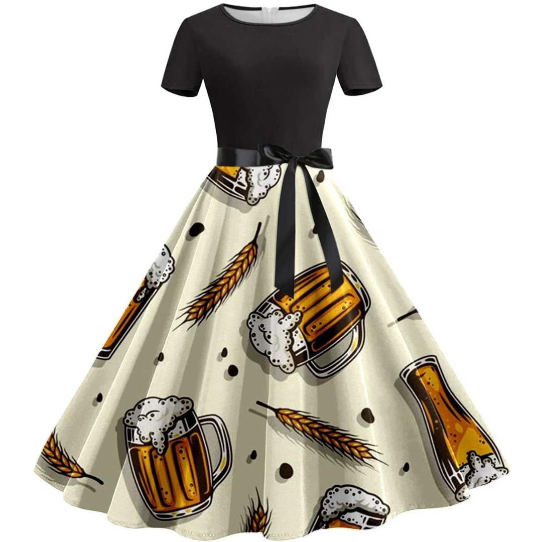 Margarete Oktoberfest Kleid | Retro Swing-Kleid mit Bierkrug-Print für Damen