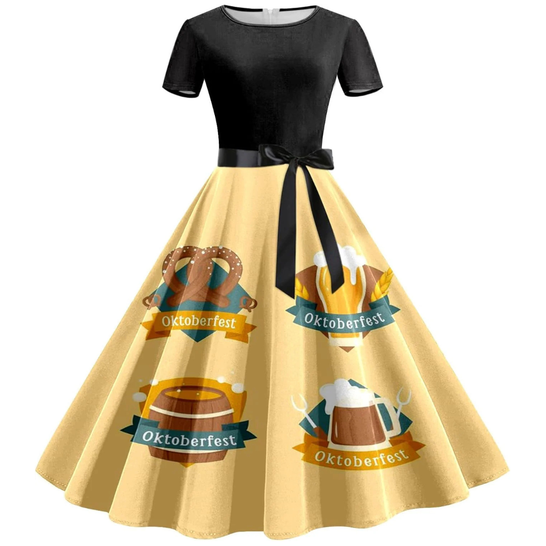 Klara Oktoberfest Kleid | Festliches Swing-Kleid mit Bierkrug-Print für Damen