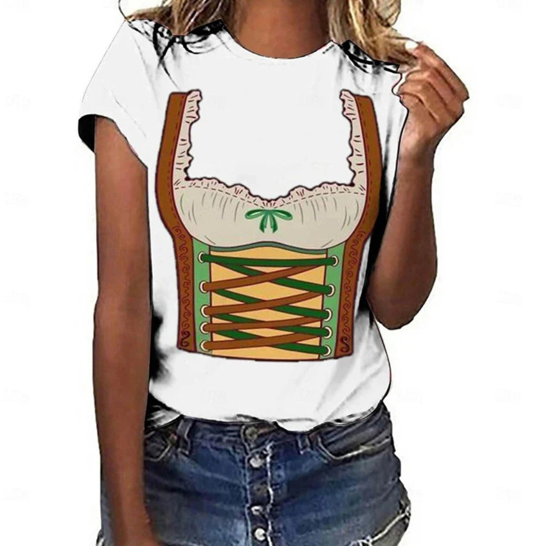 Sophia Oktoberfest T-Shirt | 3D-Dirndl-Print T-Shirt mit Korsett-Design für Damen