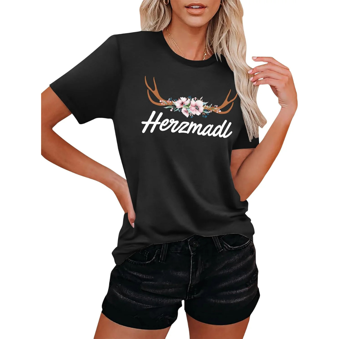 Katharina Oktoberfest T-Shirt | Romantisches Hirsch-Blumen T-Shirt aus Baumwollmischung für Damen