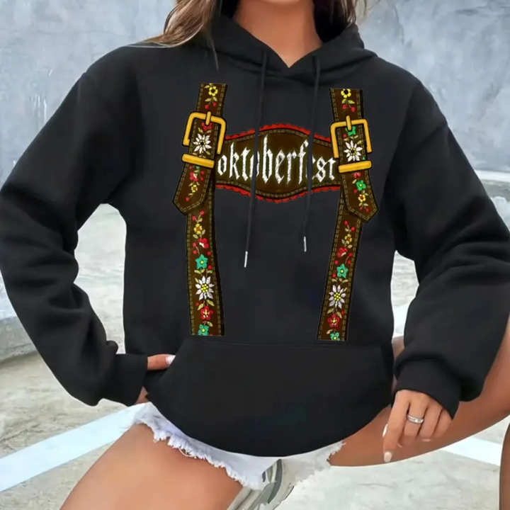 Marlene Oktoberfest Kapuzenpullover | Femininer Lederhosen-Print Pulli für Damen