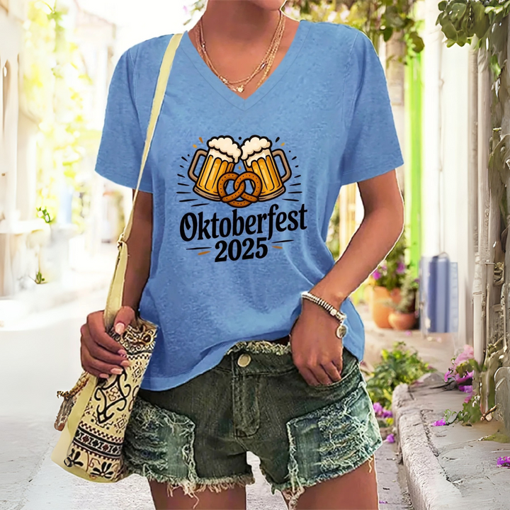 Marlene Oktoberfest T-Shirt | Lässiges Bierfest V-Neck Shirt mit Brezel-Motiv für Damen