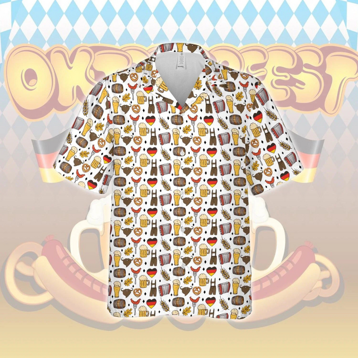 Thomas Oktoberfest Hawaiihemd | Bayern Hawaii-Shirt mit Bier und Brezel-Print für Herren