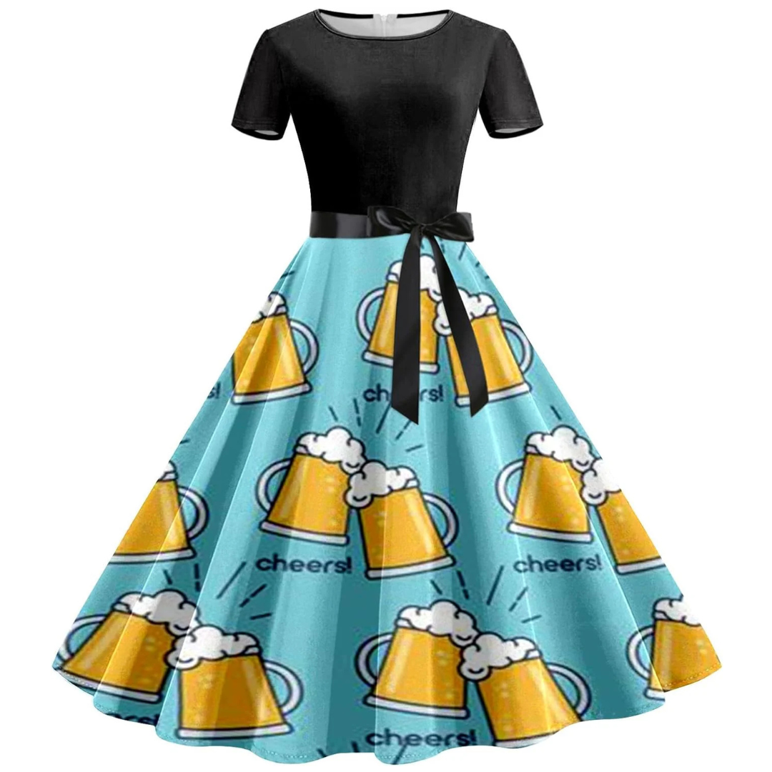Klara Oktoberfest Kleid | Festliches Swing-Kleid mit Bierkrug-Print für Damen