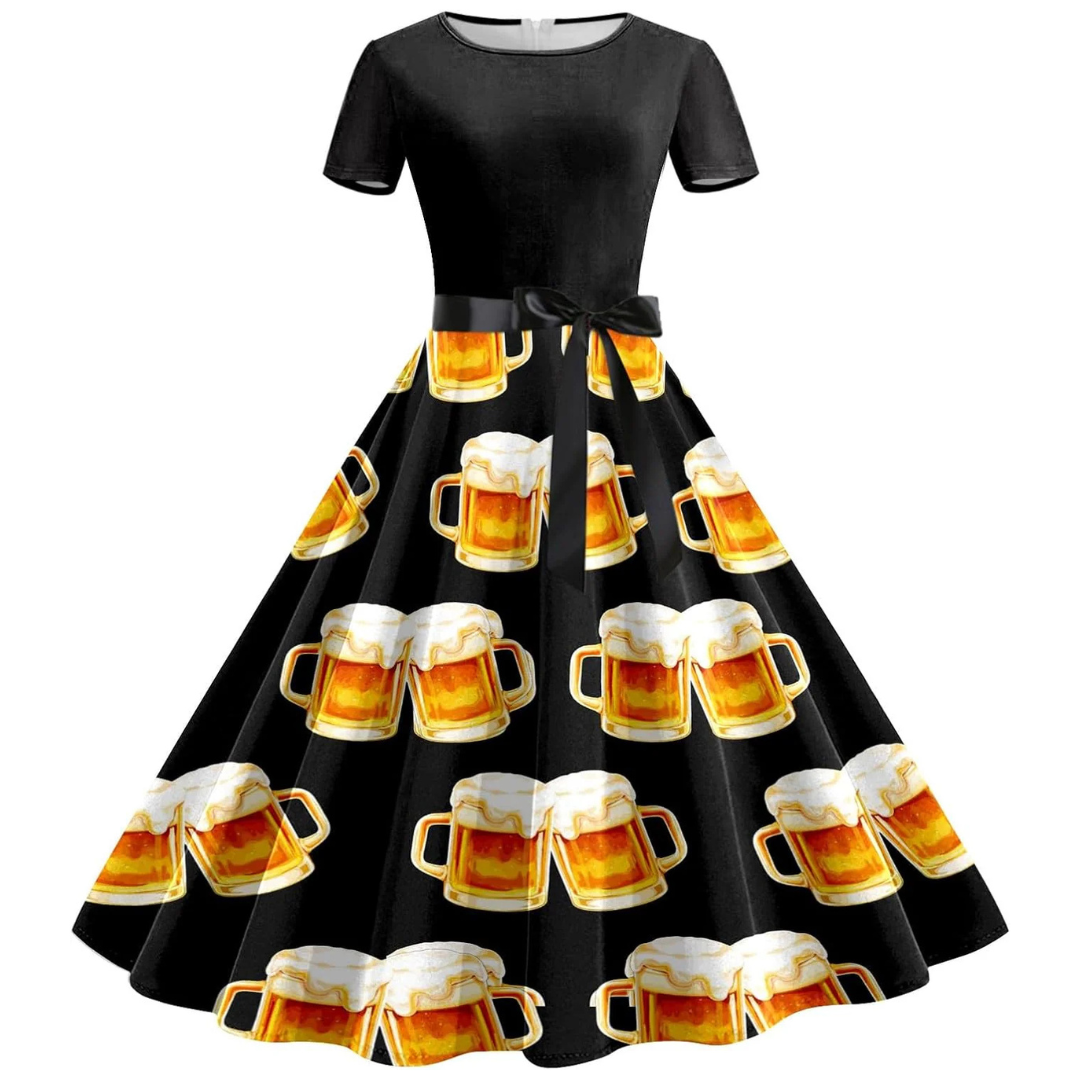 Klara Oktoberfest Kleid | Festliches Swing-Kleid mit Bierkrug-Print für Damen