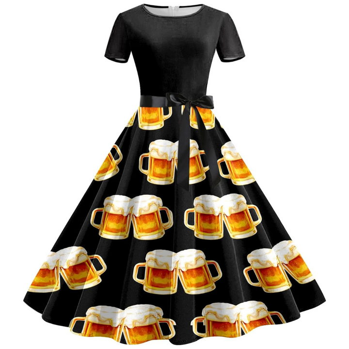 Klara Oktoberfest Kleid | Festliches Swing-Kleid mit Bierkrug-Print für Damen