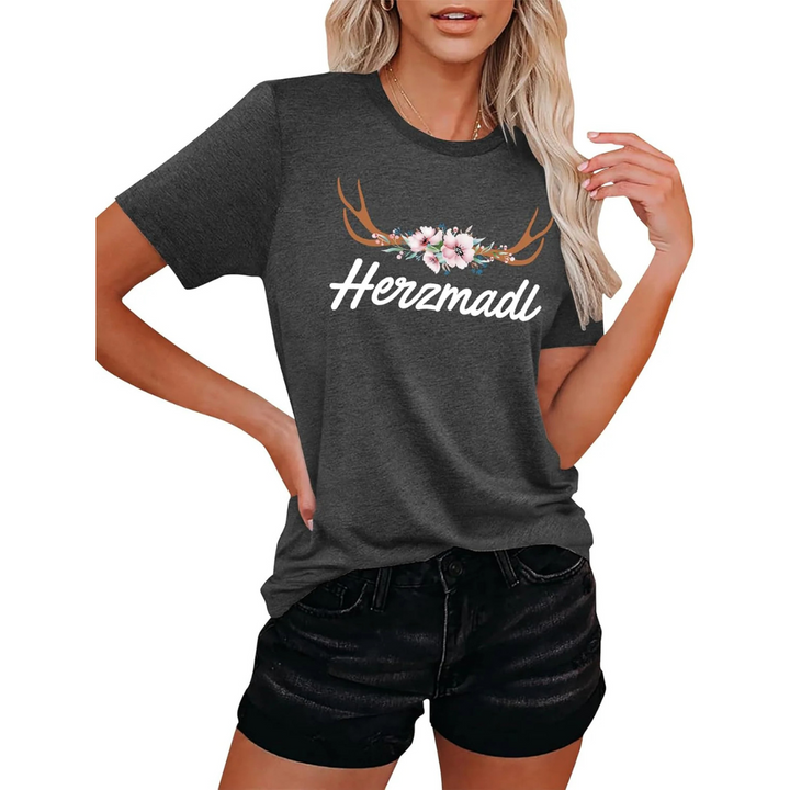 Katharina Oktoberfest T-Shirt | Romantisches Hirsch-Blumen T-Shirt aus Baumwollmischung für Damen