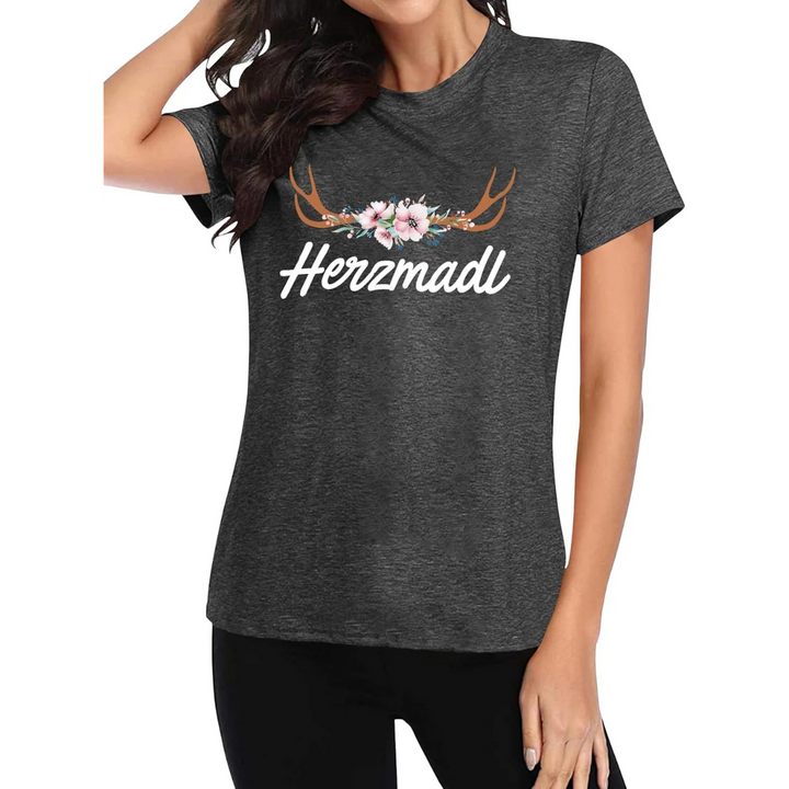 Katharina Oktoberfest T-Shirt | Romantisches Hirsch-Blumen T-Shirt aus Baumwollmischung für Damen