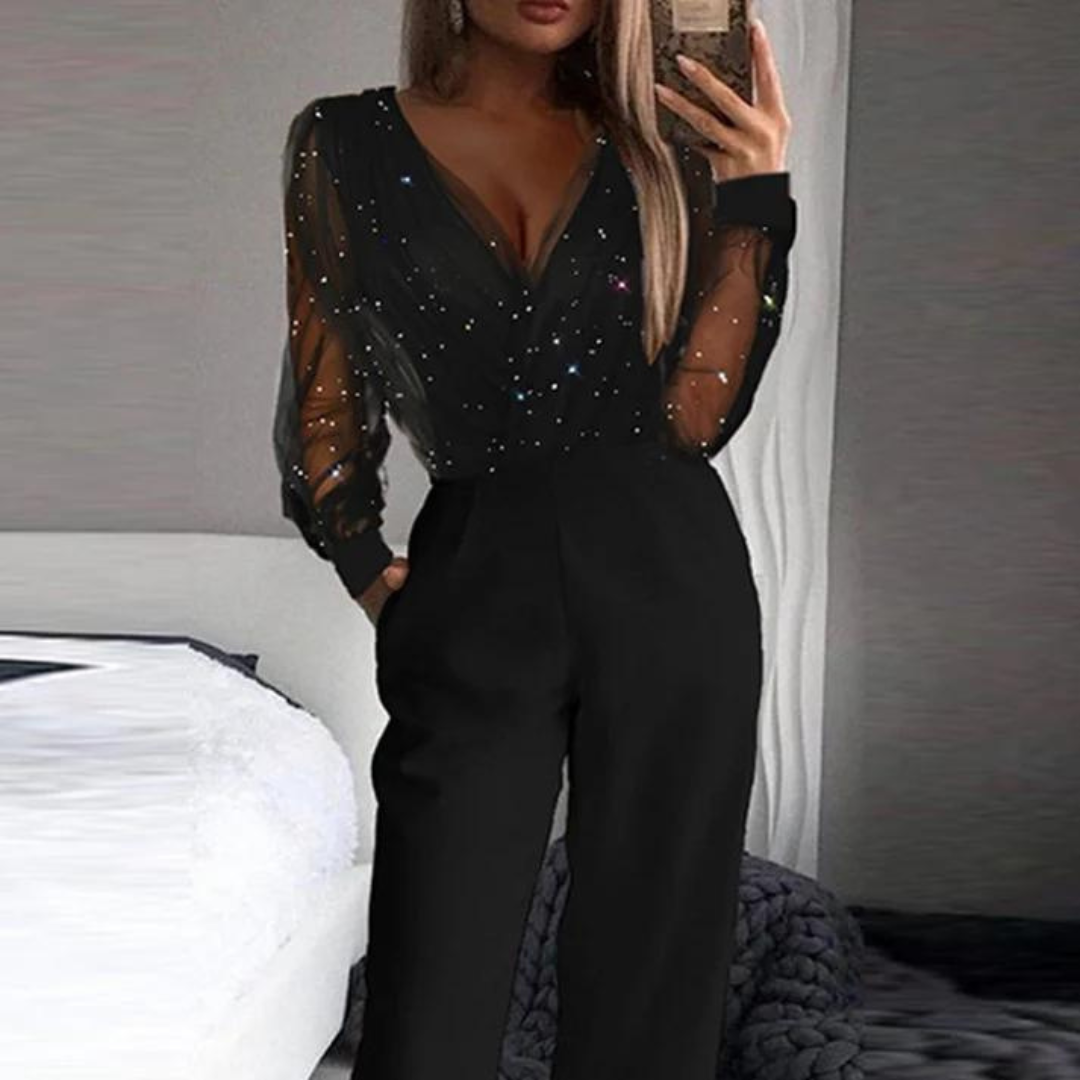 Eva Jumpsuit | Trendiger Mesh-Jumpsuit mit V-Ausschnitt und weitem Bein für Partys
