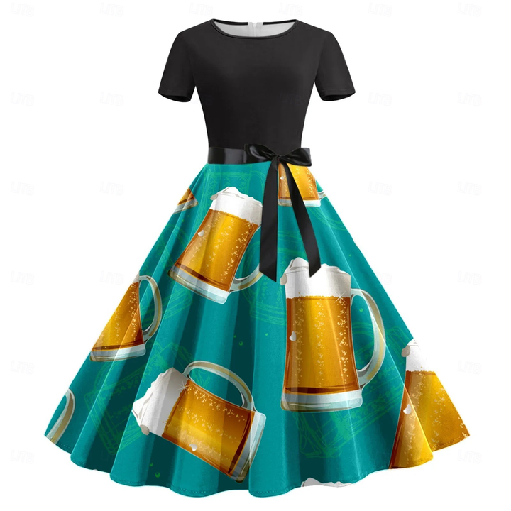 Klara Oktoberfest Kleid | Festliches Swing-Kleid mit Bierkrug-Print für Damen