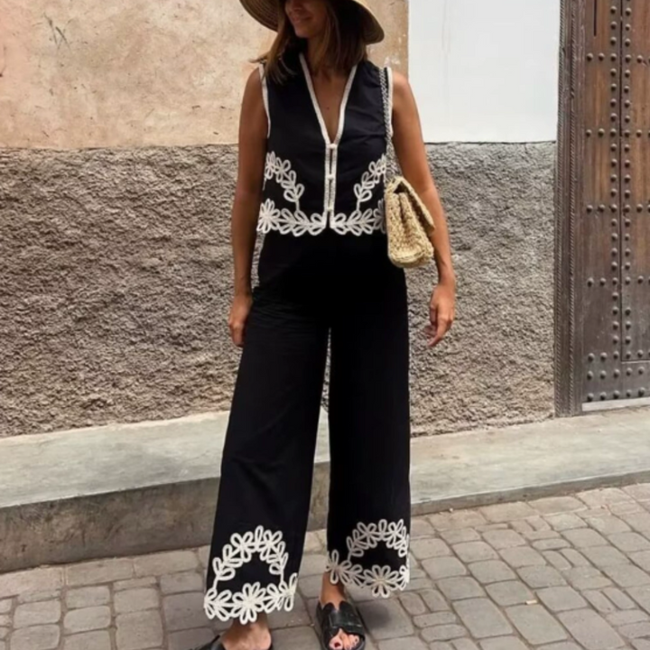 Damen Leinen-Zweiteiler mit Boho-Stickerei – Luftiges Sommer-Set für Urlaub & Freizeit