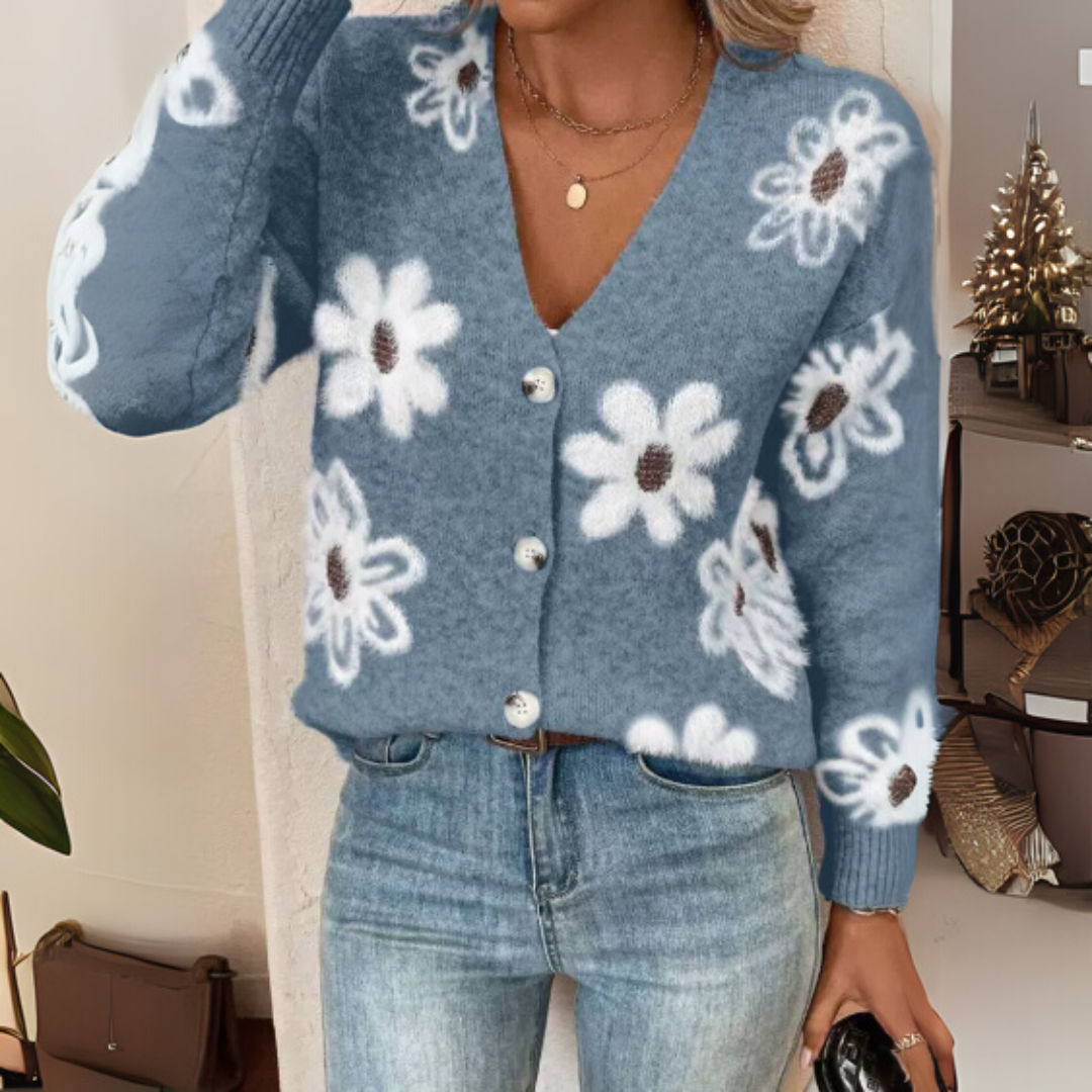 Irma-Strickjacke | Leichte Strickjacke mit überschnittenen Schultern und Blumenmuster