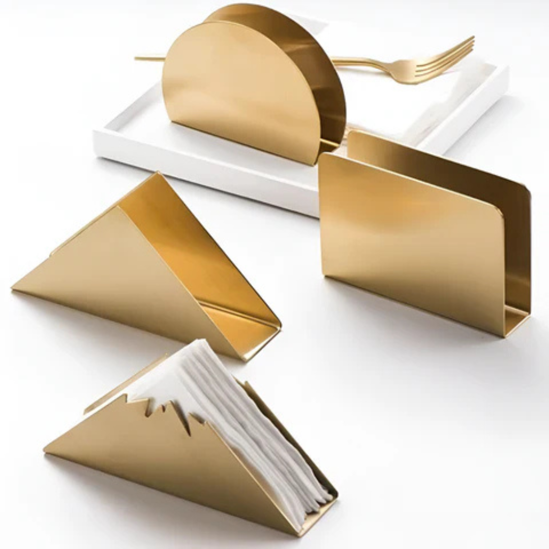 Goldener Serviettenhalter aus Metall | Eleganter Tischorganizer mit dreieckiger Basis für Küche