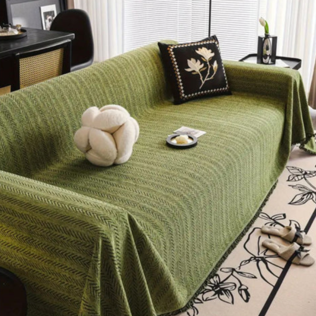 Herringbone Sofaüberwurf | Elegante Chenille Sofahusse mit Fransen