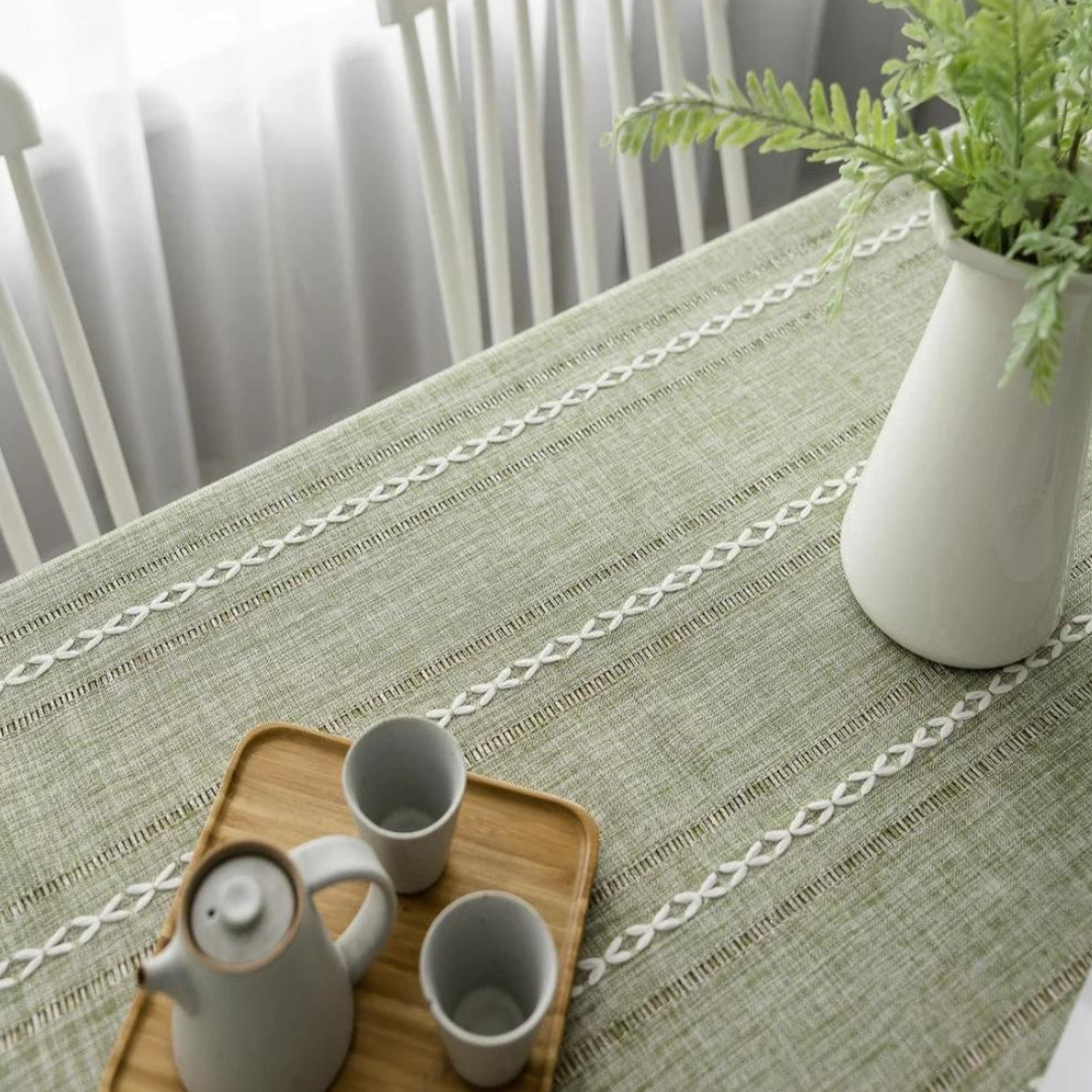 Elegante Baumwoll-Leinen-Tischdecke | Rustikale Tischdecke mit Stickerei und Quastensaum