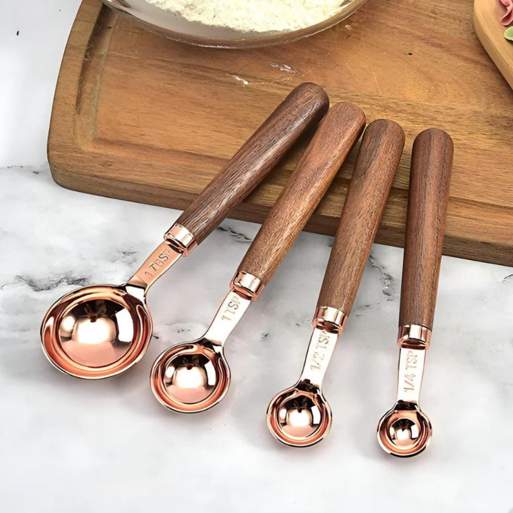 Kupfer-Messbecher-Set | Hochwertiges Edelstahl-Küchenbesteck mit Walnussholz-Griffen