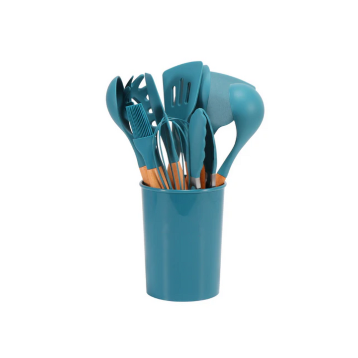 Silikon Küchenutensilien Set | Hitzebeständiges 12-teiliges Kochgeschirr mit Bambusgriffen