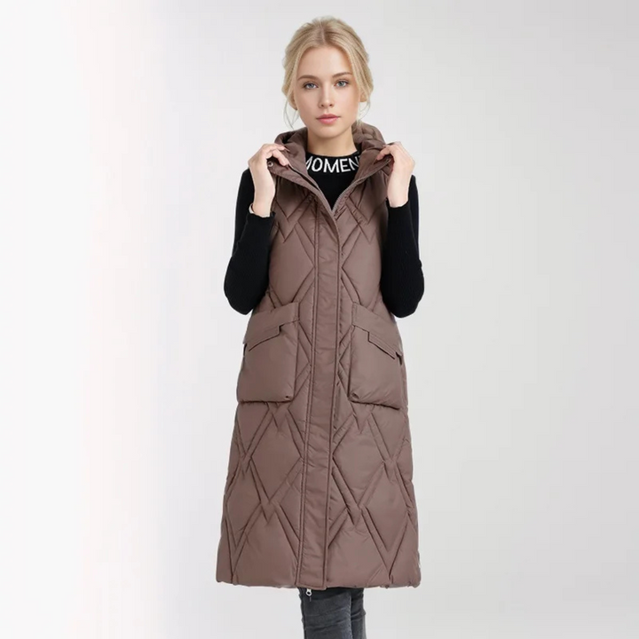 Lange Steppweste für kalte Tage - Puffer Daunenweste mit Kapuze für Damen