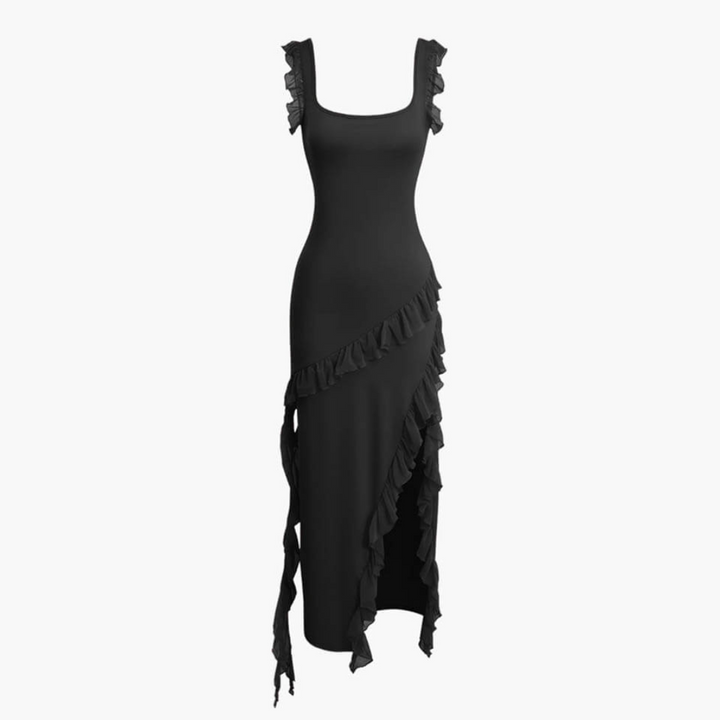 Schwarzes Maxikleid mit asymmetrischen Rüschen, ärmellos, elegantes Design, ideal für Abendveranstaltungen und Partys.
