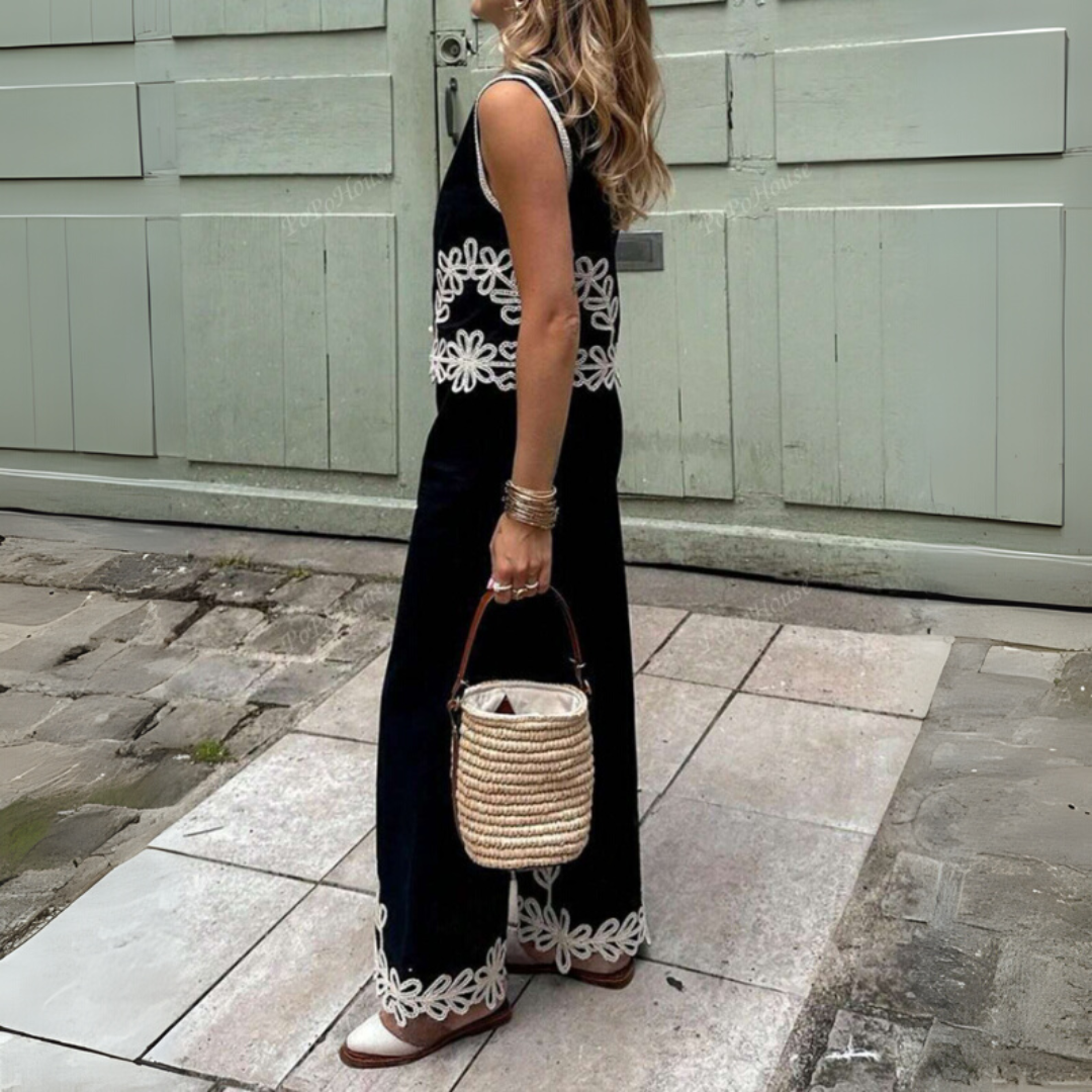 Damen Leinen-Zweiteiler mit Boho-Stickerei – Luftiges Sommer-Set für Urlaub & Freizeit