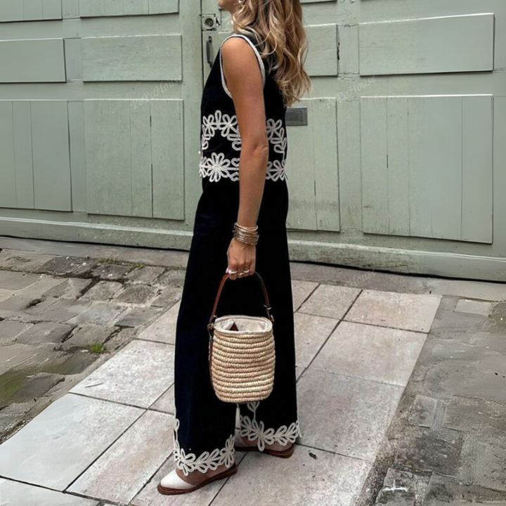 Damen Leinen-Zweiteiler mit Boho-Stickerei – Luftiges Sommer-Set für Urlaub & Freizeit