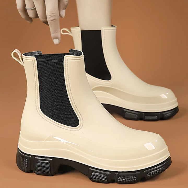 Regenstiefel für den Herbst - Wasserdichte Chelsea Gummistiefel mit Chunky Platform-Sohle für Damen