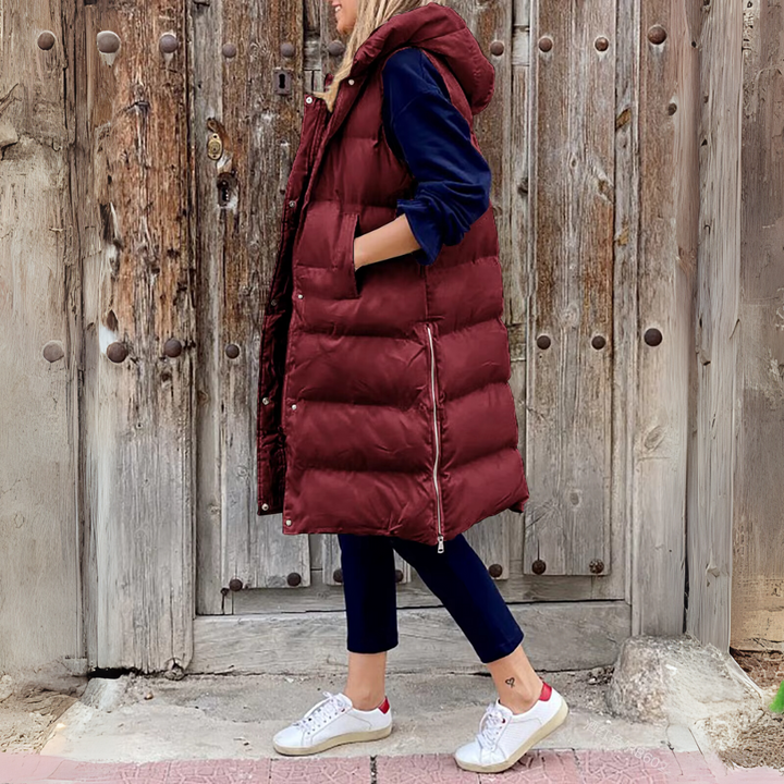 Steppweste für den Herbst - Stilvolle lange Daunenweste mit Kapuze für Damen