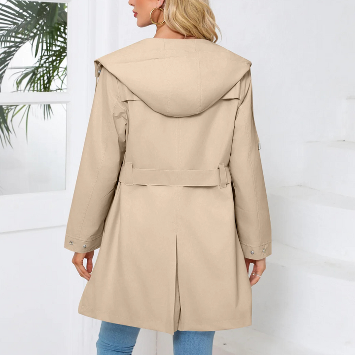 Regenjacke für den Herbst - Wasserfeste Lange Übergangsjacke mit Gürtel und Kapuze für Damen