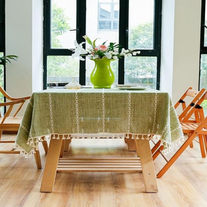 Elegante Baumwoll-Leinen-Tischdecke | Rustikale Tischdecke mit Stickerei und Quastensaum