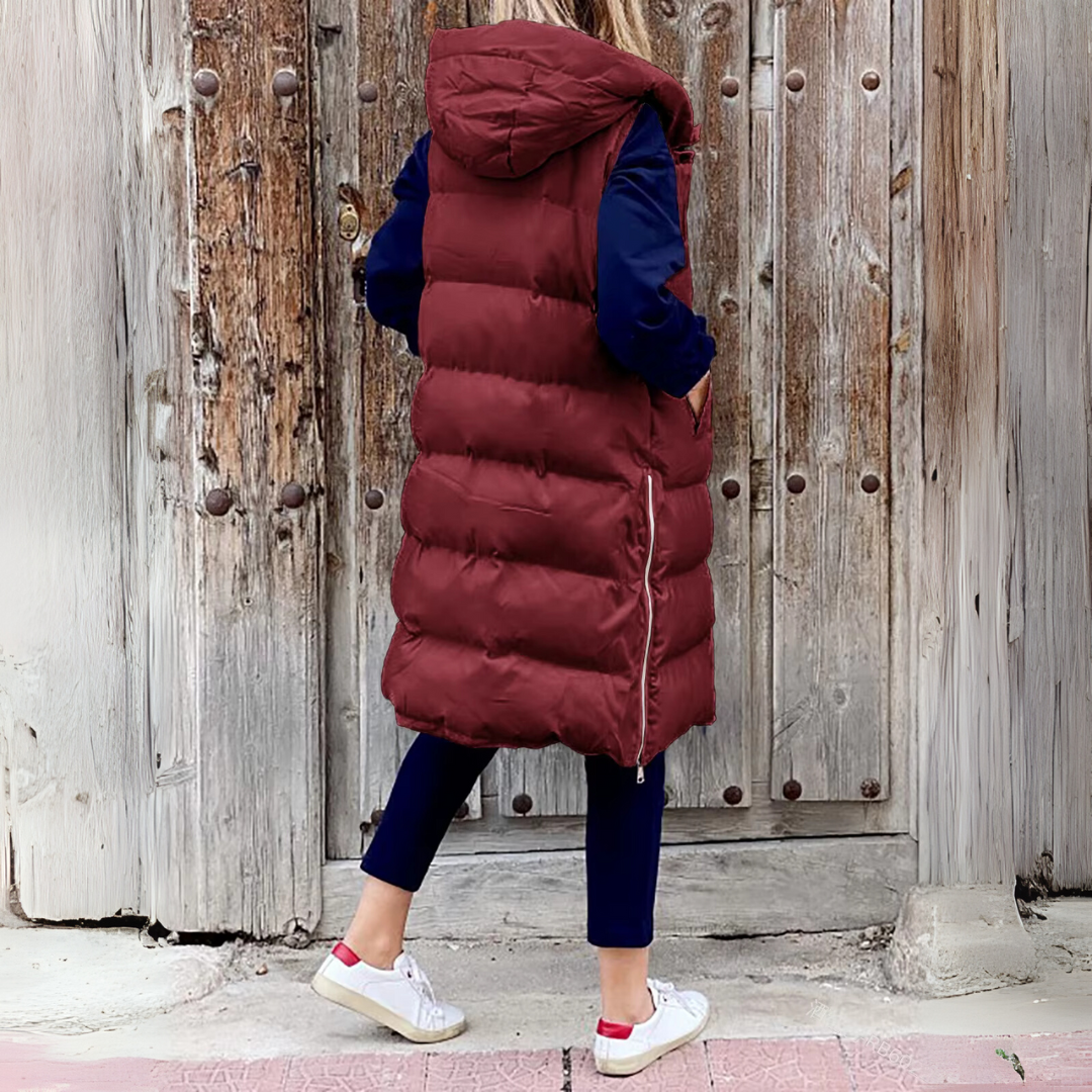 Steppweste für den Herbst - Stilvolle lange Daunenweste mit Kapuze für Damen