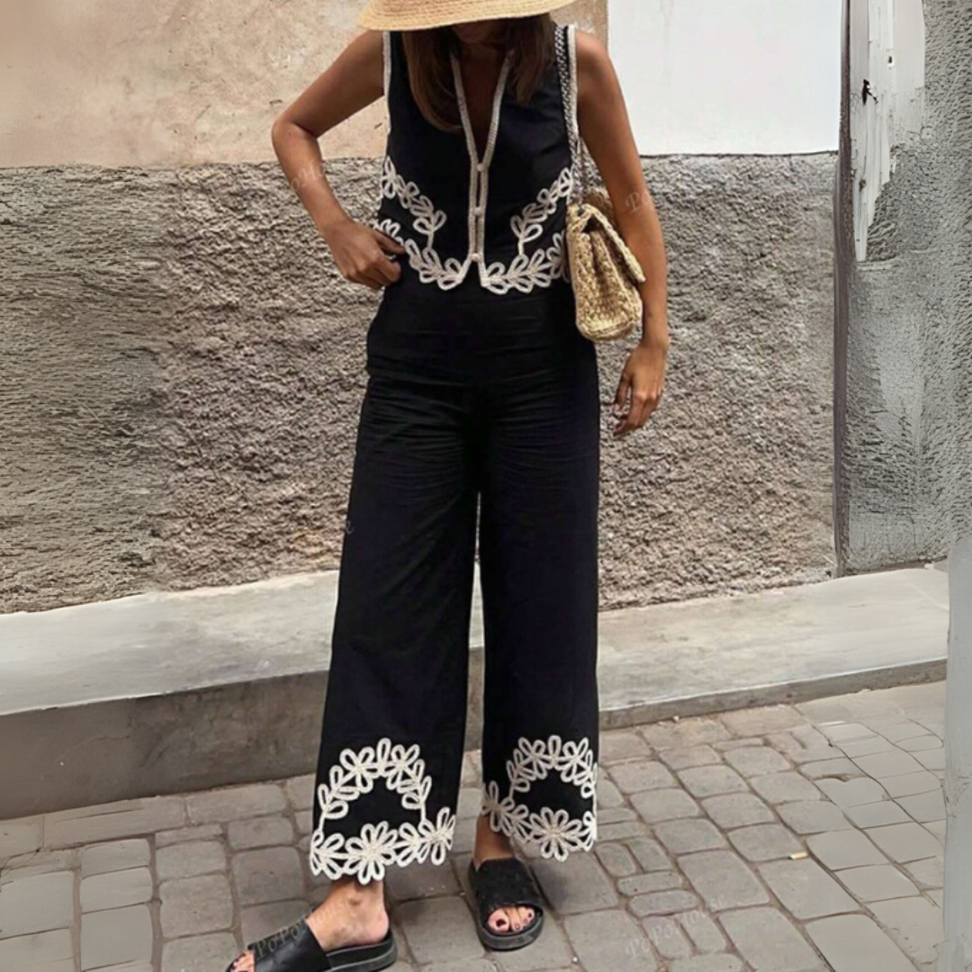 Damen Leinen-Zweiteiler mit Boho-Stickerei – Luftiges Sommer-Set für Urlaub & Freizeit