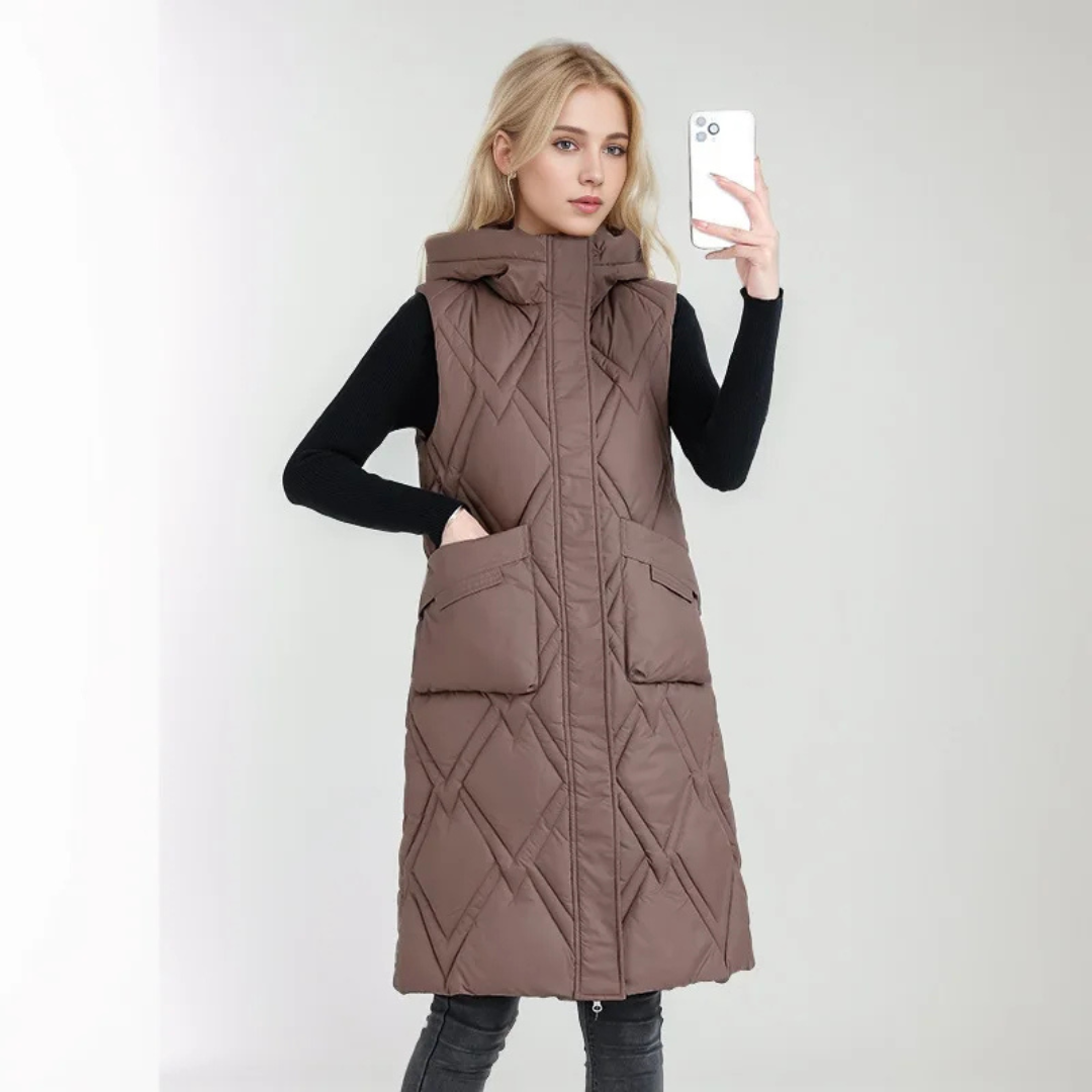 Lange Steppweste für kalte Tage - Puffer Daunenweste mit Kapuze für Damen