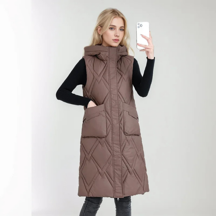 Lange Steppweste für kalte Tage - Puffer Daunenweste mit Kapuze für Damen