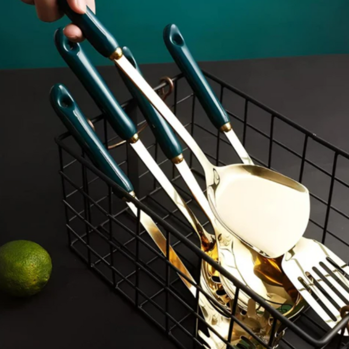 Golden Edelstahl Küchenutensilien-Set | Premium Kochbesteck mit Aufbewahrungsständer