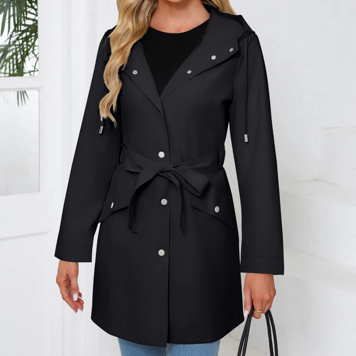 Regenjacke für den Herbst - Wasserfeste Lange Übergangsjacke mit Gürtel und Kapuze für Damen