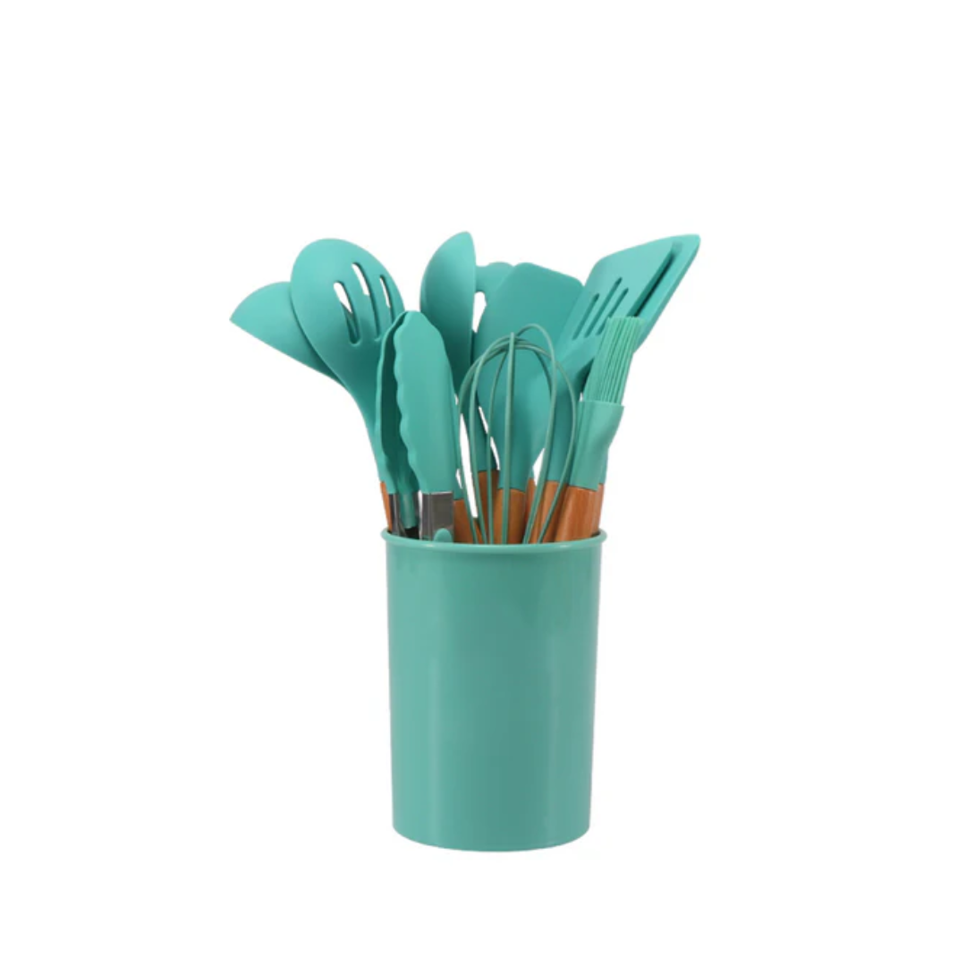 Silikon Küchenutensilien Set | Hitzebeständiges 12-teiliges Kochgeschirr mit Bambusgriffen