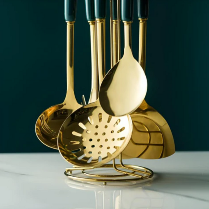 Golden Edelstahl Küchenutensilien-Set | Premium Kochbesteck mit Aufbewahrungsständer