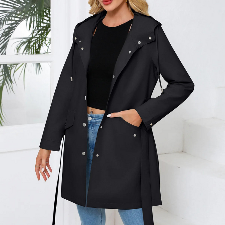 Regenjacke für den Herbst - Wasserfeste Lange Übergangsjacke mit Gürtel und Kapuze für Damen