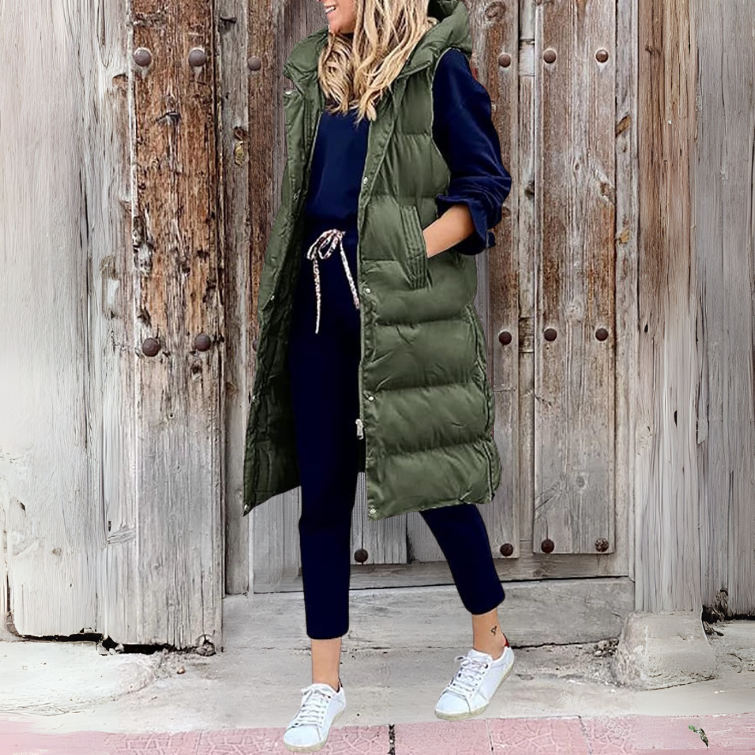 Steppweste für den Herbst - Stilvolle lange Daunenweste mit Kapuze für Damen
